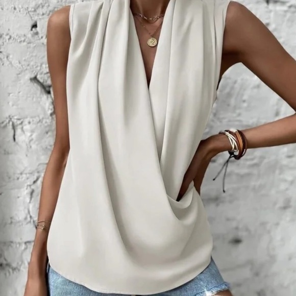 Luxe Satin Overlap Wrap Sleeveless Work Office Top - Picture 8 of 9